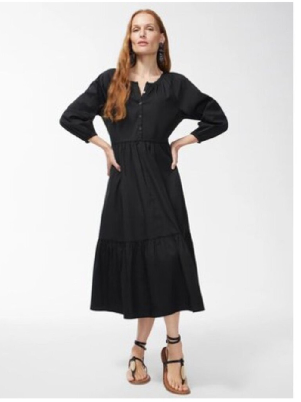 Chico's black poplin balloon sleeve tiered midi dress with pockets boho